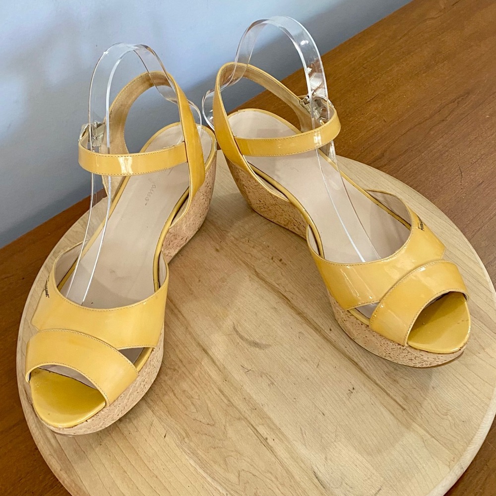 Salvatore Ferragamo Yellow Patent Leather Wedge Sandals Womens 9.5 Italy READ* - Picture 5 of 15